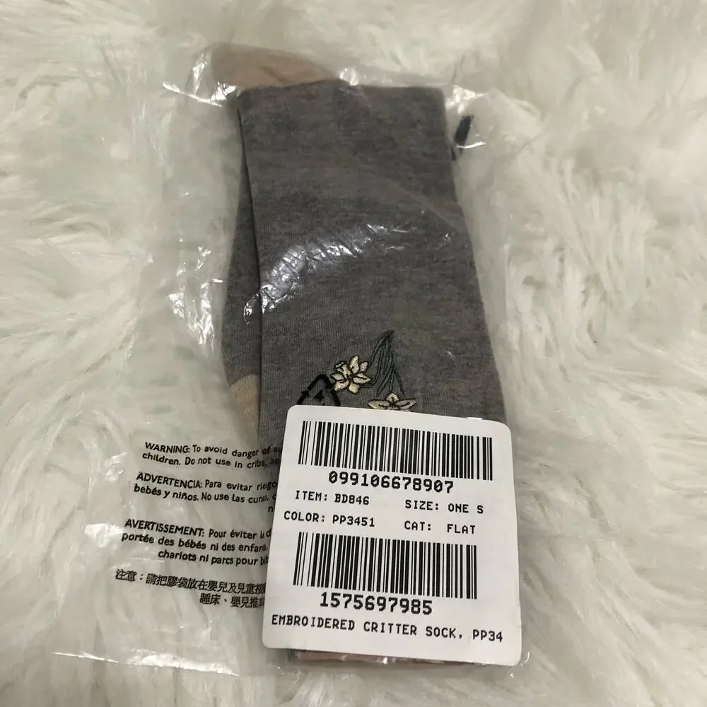 J. Crew Women's Dress Sock‎  One Size Gray Embroidered Floral Lightweight NWT